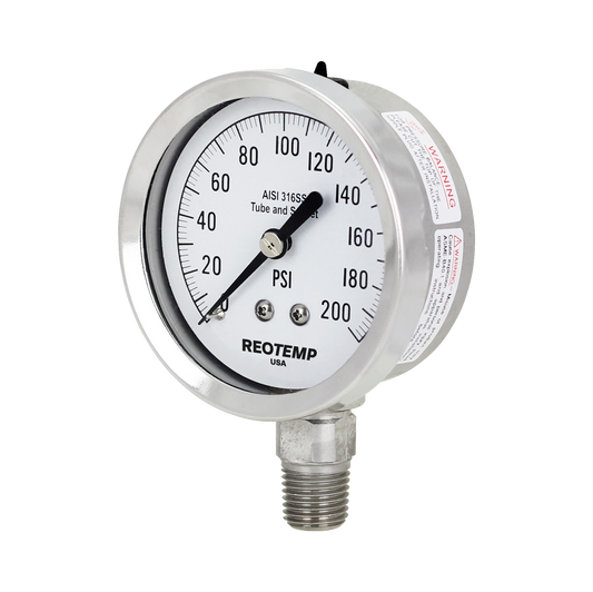 0-15 PSI 1/4" NPT 2.5" Reotemp PR25 Glycerin Filled Pressure Gauge