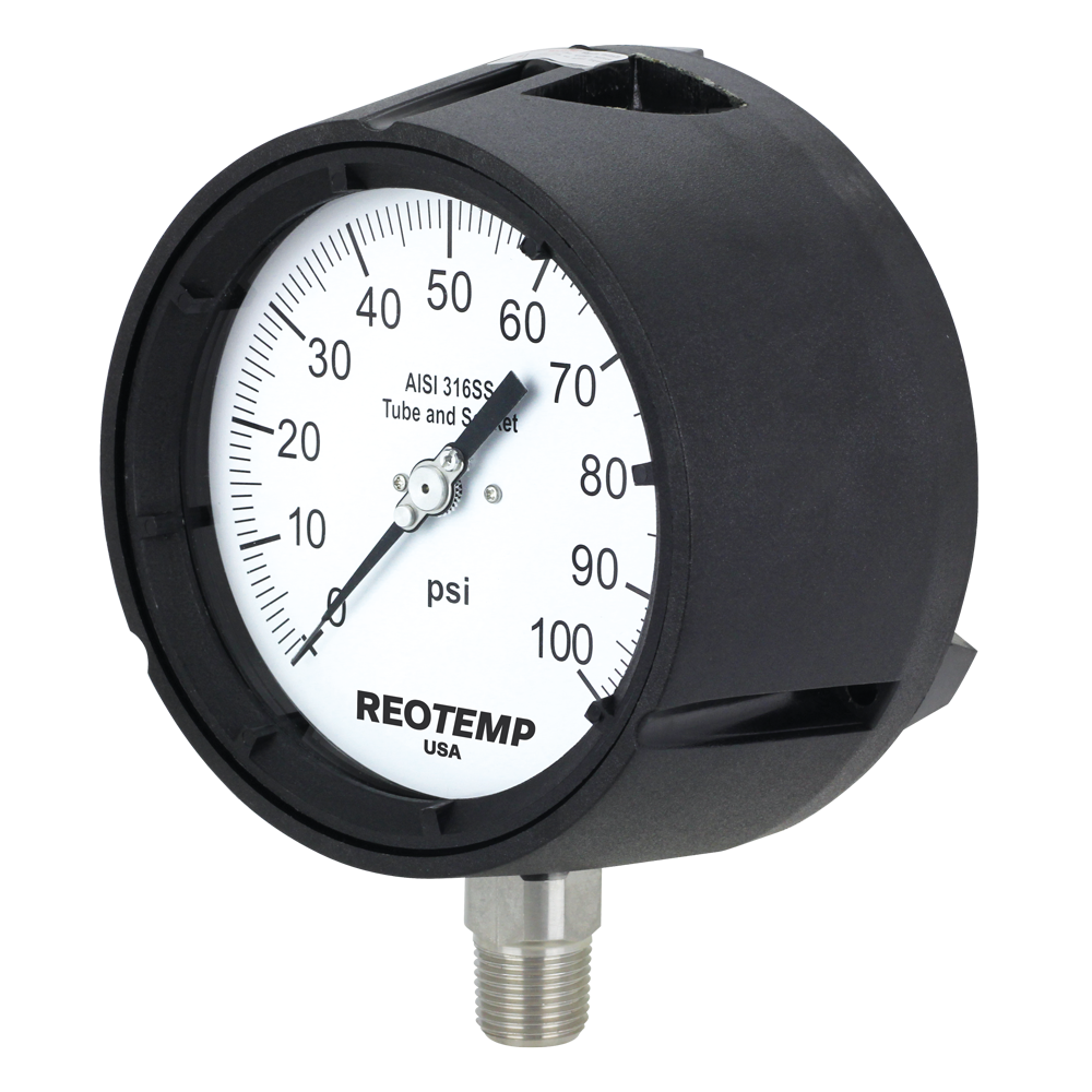 0-200 PSI 1/2" NPT 4.5" Reotemp Glycerin Filled Analog Process Gauge