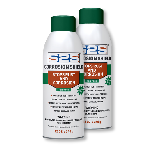 Two cans of SPS Corrosion Shield on a transparent background